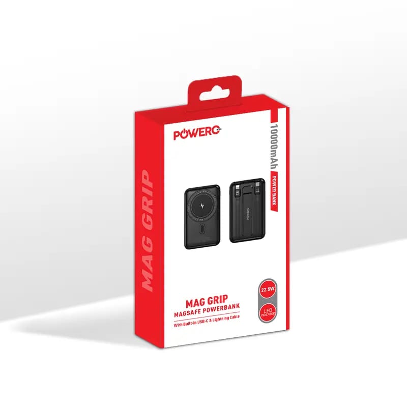 PowerO+ Mag Grip Magsafe Powerbank With Built-in USB-C & Lightning Cable