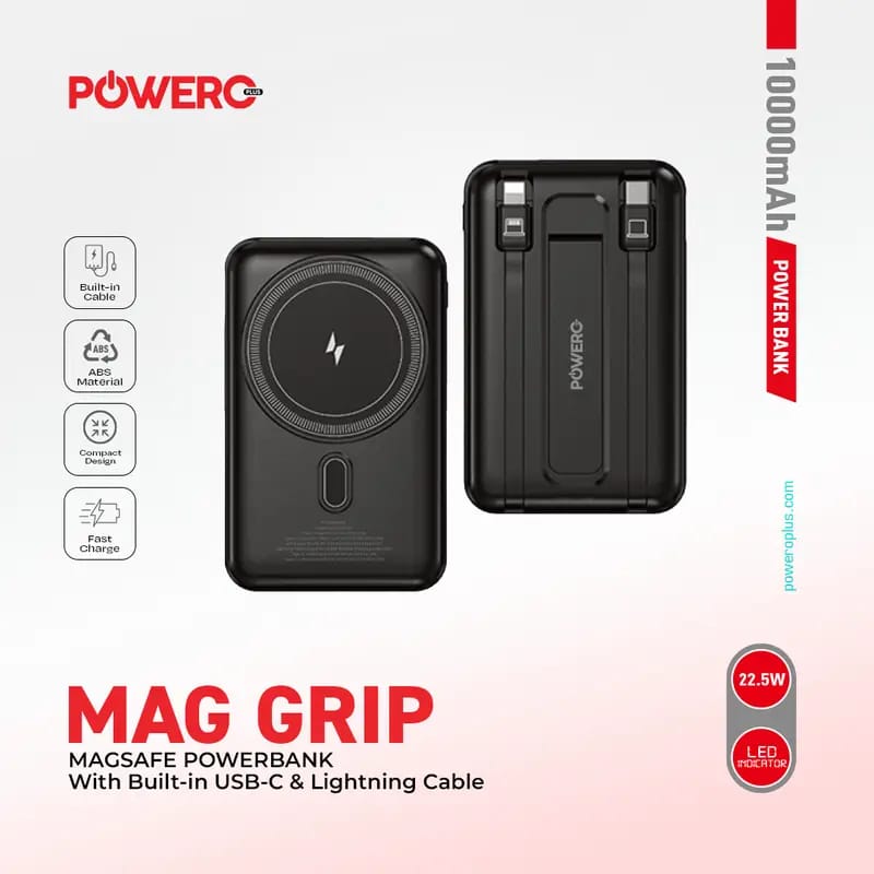 PowerO+ Mag Grip Magsafe Powerbank With Built-in USB-C & Lightning Cable
