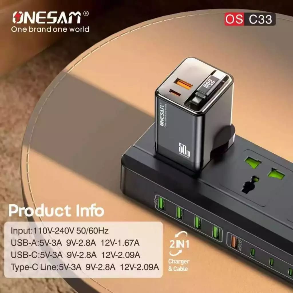Onesam 50W Superfast Charger with Built-in Retractable Cable OS-C33