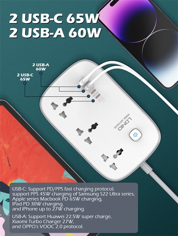 Ldnio 65W Power Extension with 2USB & 2Type-C Port SC3416