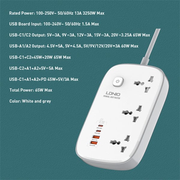 Ldnio 65W Power Extension with 2USB & 2Type-C Port SC3416