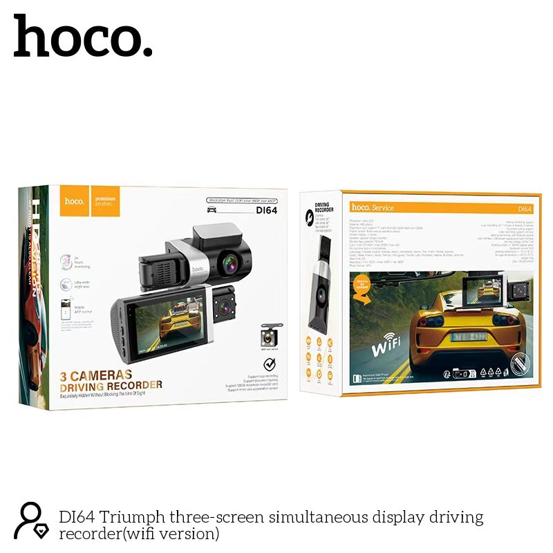 Hoco DI64 Triumph 3-Screen Wifi Dash Cam - Simultaneous Display Recorder