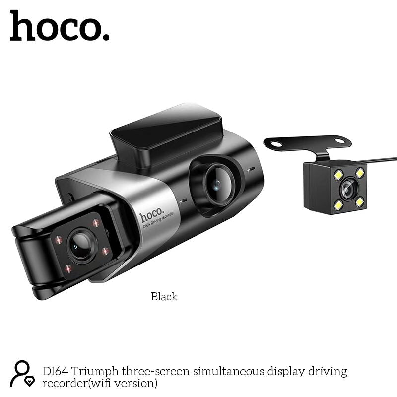 Hoco DI64 Triumph 3-Screen Wifi Dash Cam - Simultaneous Display Recorder