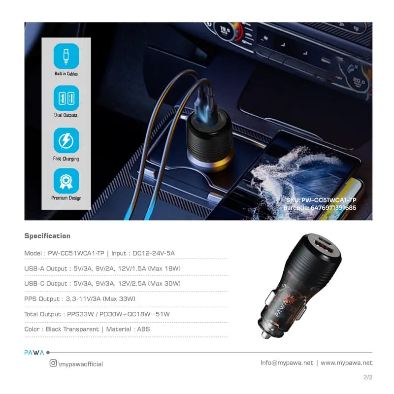 Pawa Solid Car Charger Dual Port PD+QC