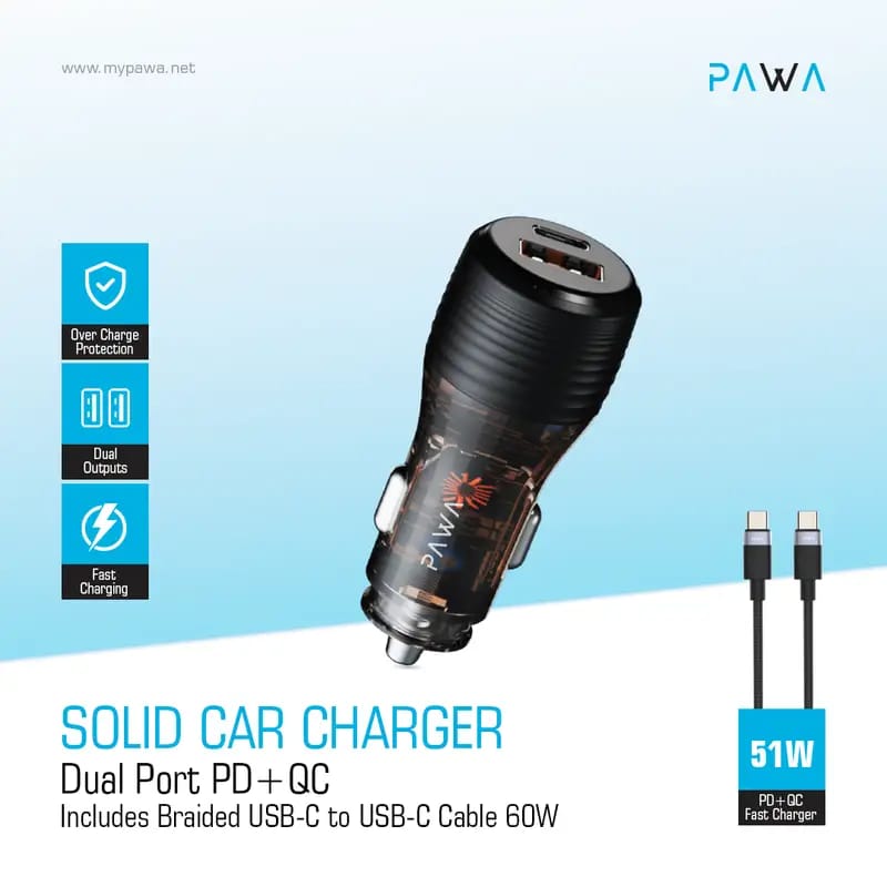 Pawa Solid Car Charger Dual Port PD+QC Includes Braided USB-C to Lightning Cable 30W