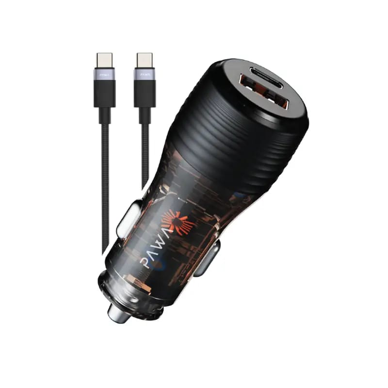Pawa Solid Car Charger Dual Port PD+QC Includes Braided USB-C to Lightning Cable 30W