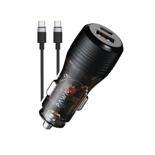 Pawa Solid Car Charger Dual Port PD+QC Includes Braided USB-C to Lightning Cable 30W