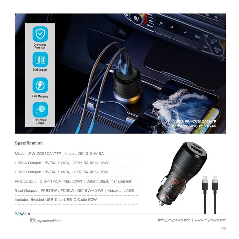 Pawa Solid Car Charger Dual Port PD+QC Includes Braided USB-C to Lightning Cable 30W