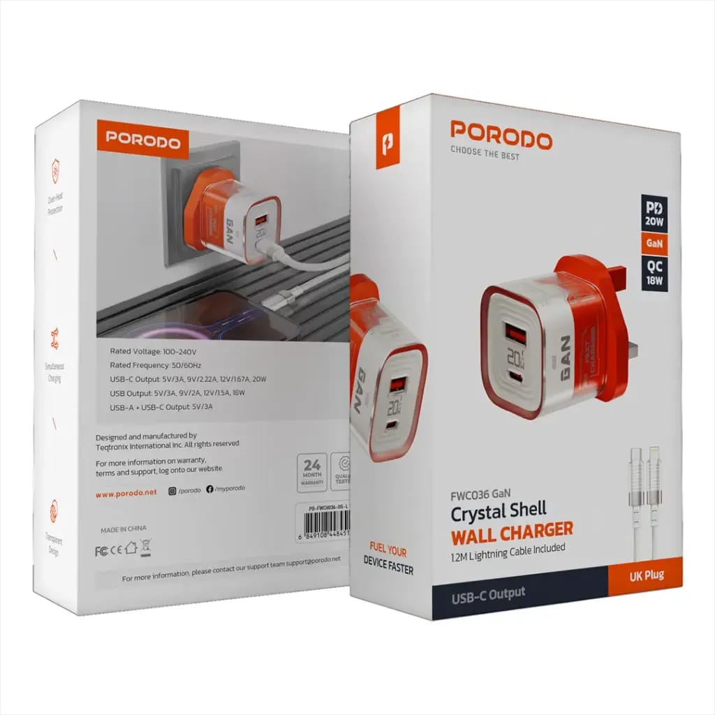 Porodo Crystal Shell GaN Charger with USB-C/Lightning Cable