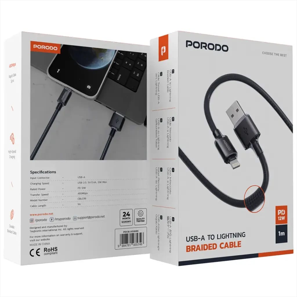 Porodo USB-A to Lightning Braided Cable