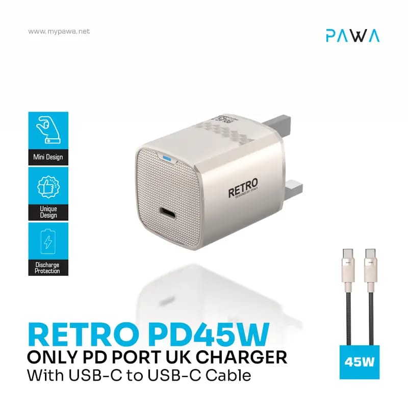 Pawa Retro PD45W Only PD Port Charger With USB-C to USB-C Cable