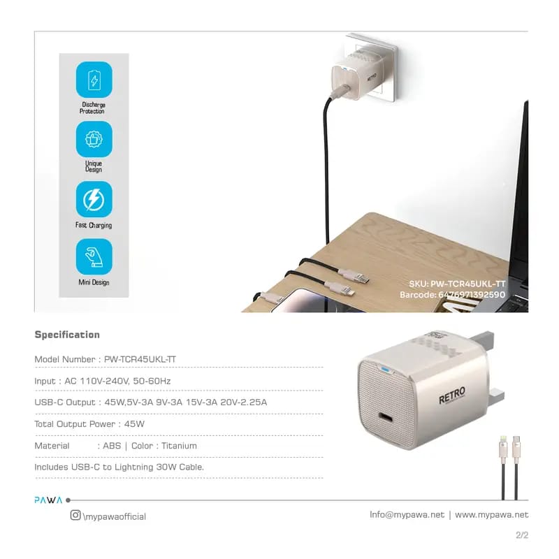 Pawa Retro PD45W Only PD Port Charger With USB-C to Lightning Cable