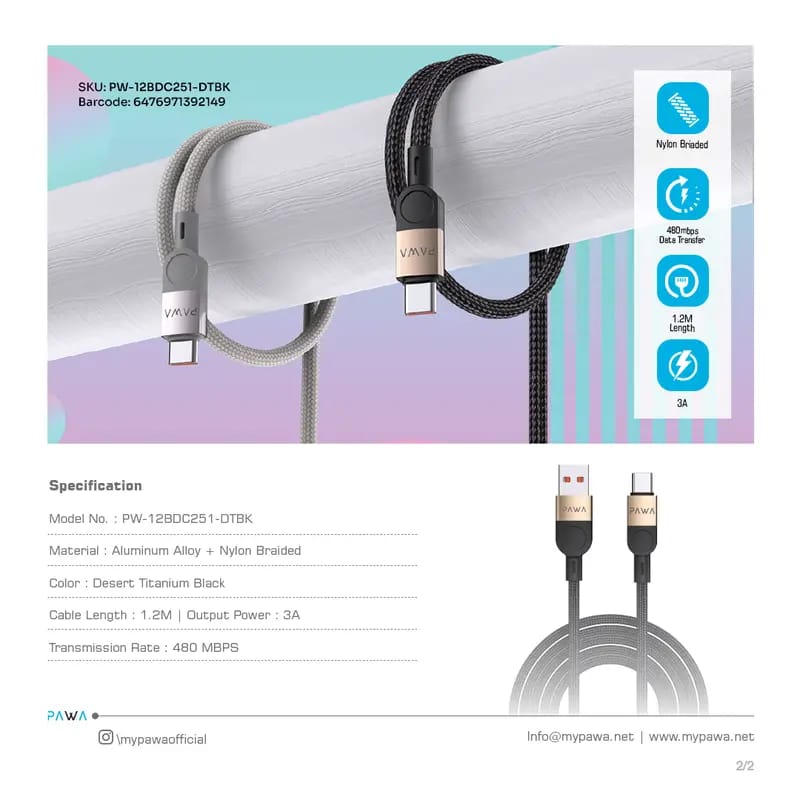 Pawa Levin Braided Cable USB-A to USB-C 3.1A