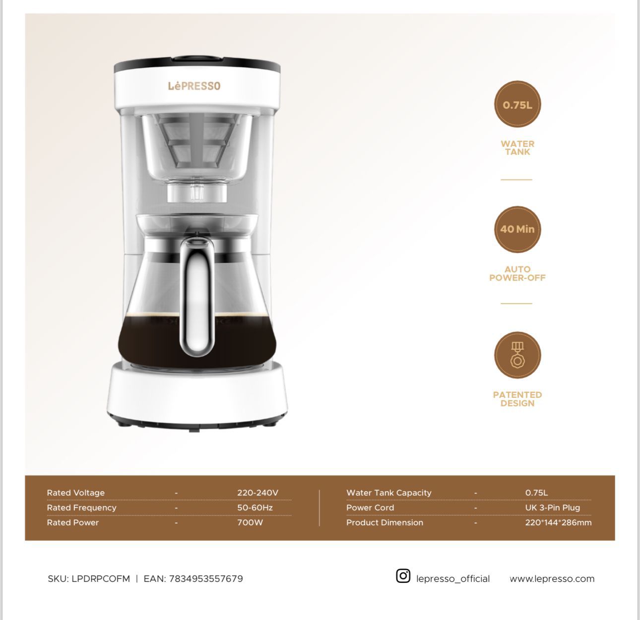 LePresso Drip Coffee Machine BS plug 0.75L - White