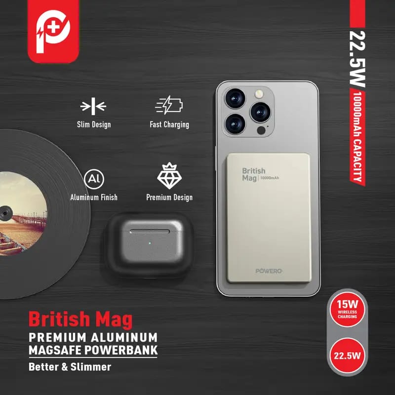 PowerO+ British Mag 10000mAh Premium Aluminium Magsafe Powerbank
