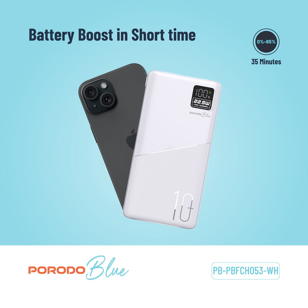 Porodo Blue 10000mAh Quick Charge Power Bank USB-A and USB-C Output