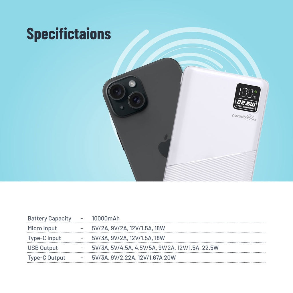 Porodo Blue 10000mAh Quick Charge Power Bank USB-A and USB-C Output