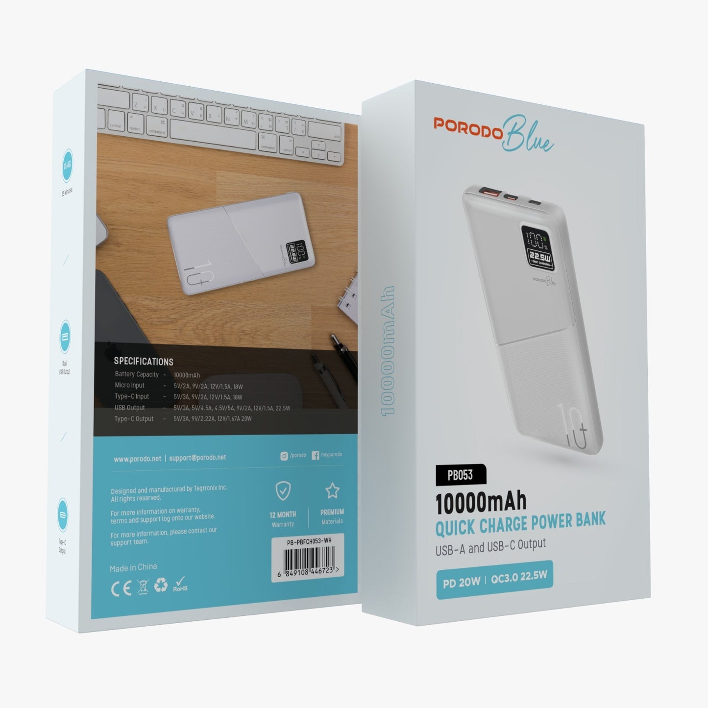 Porodo Blue 10000mAh Quick Charge Power Bank USB-A and USB-C Output