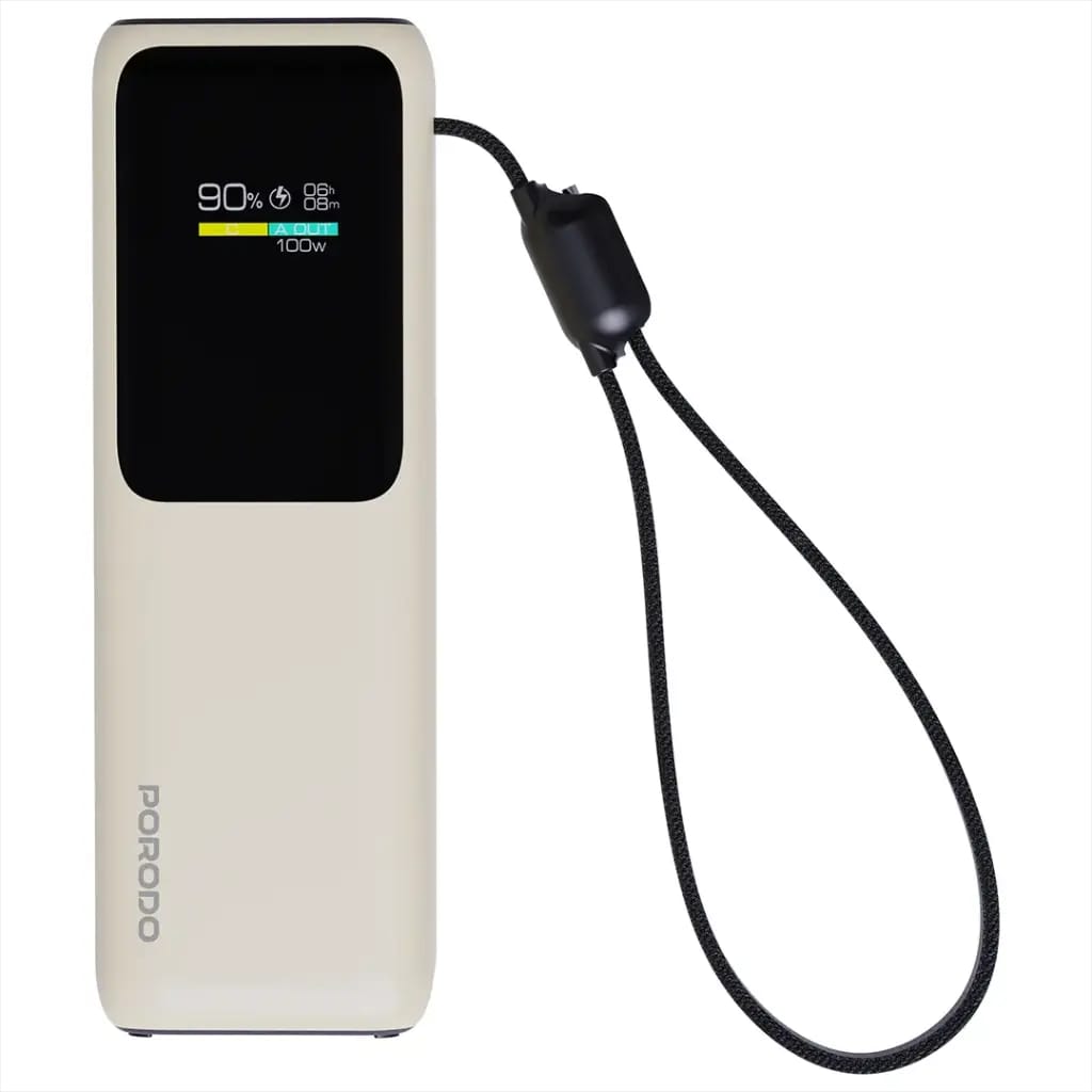 Porodo Smart Display 20000mAh Power Bank with Built-In Type-C Cable - Beige