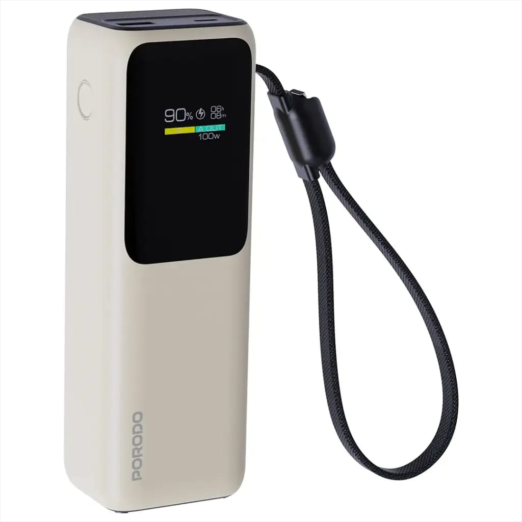 Porodo Smart Display 20000mAh Power Bank with Built-In Type-C Cable - Beige