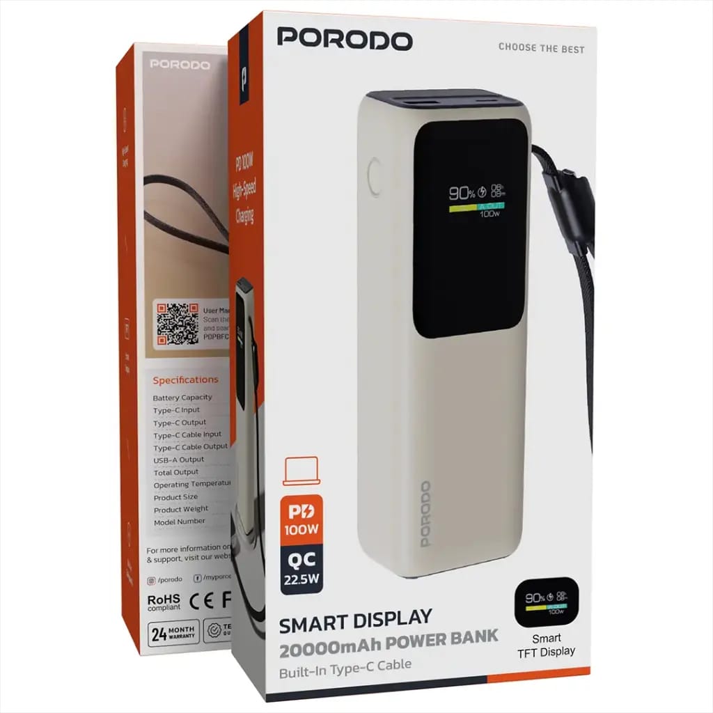 Porodo Smart Display 20000mAh Power Bank with Built-In Type-C Cable - Beige