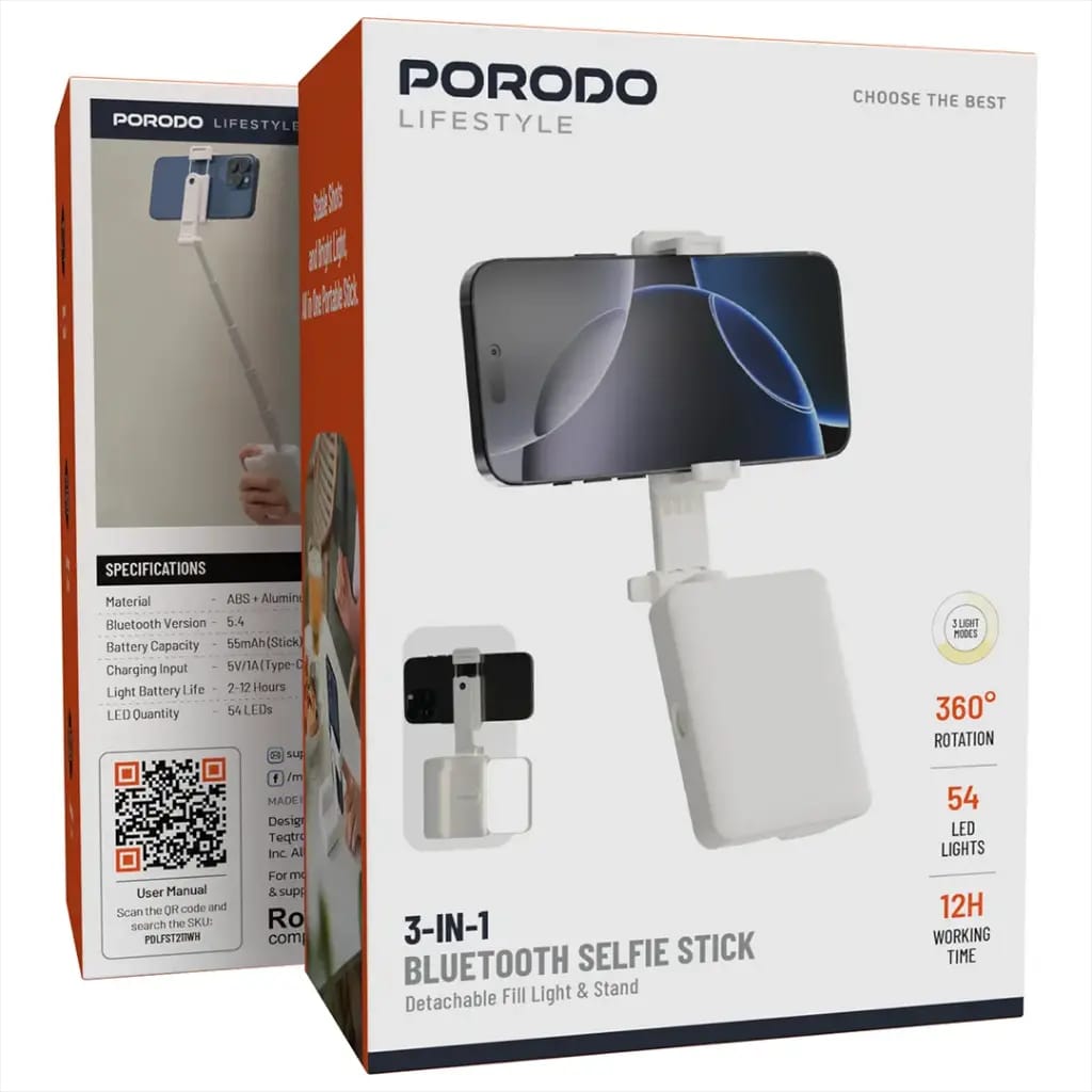 Porodo Lifestyle 3-In-1 Bluetooth Selfie Stick with Detachable Fill Light & Stand