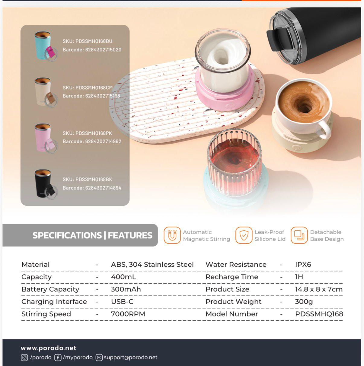 Porodo Lifestyle Automatic Magnetic Stirring Mug with High-Speed Mixing