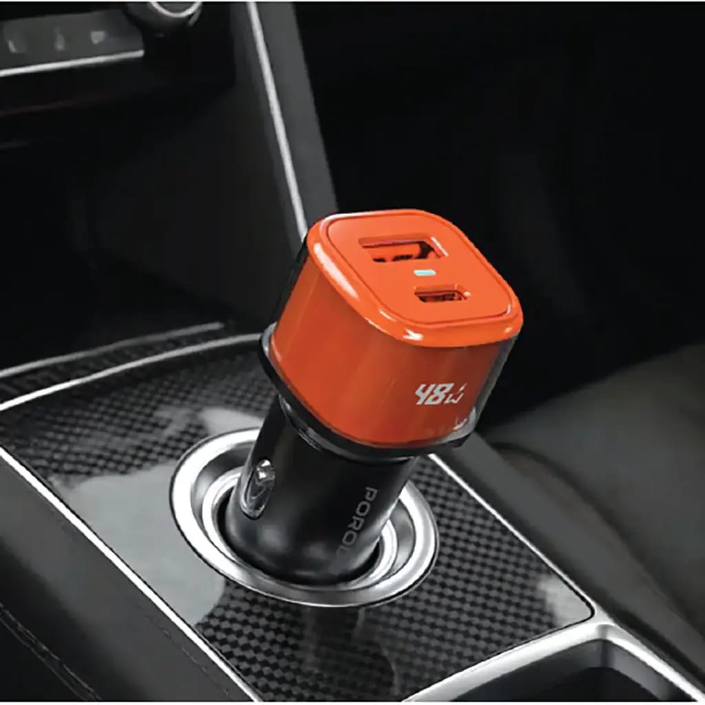 Porodo 48W Averin Multi-Port Car Charger with Aluminum Housing - Orange