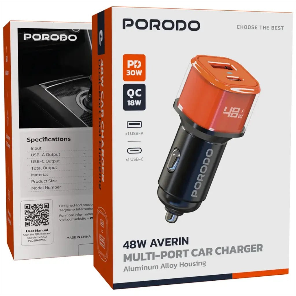 Porodo 48W Averin Multi-Port Car Charger with Aluminum Housing - Orange