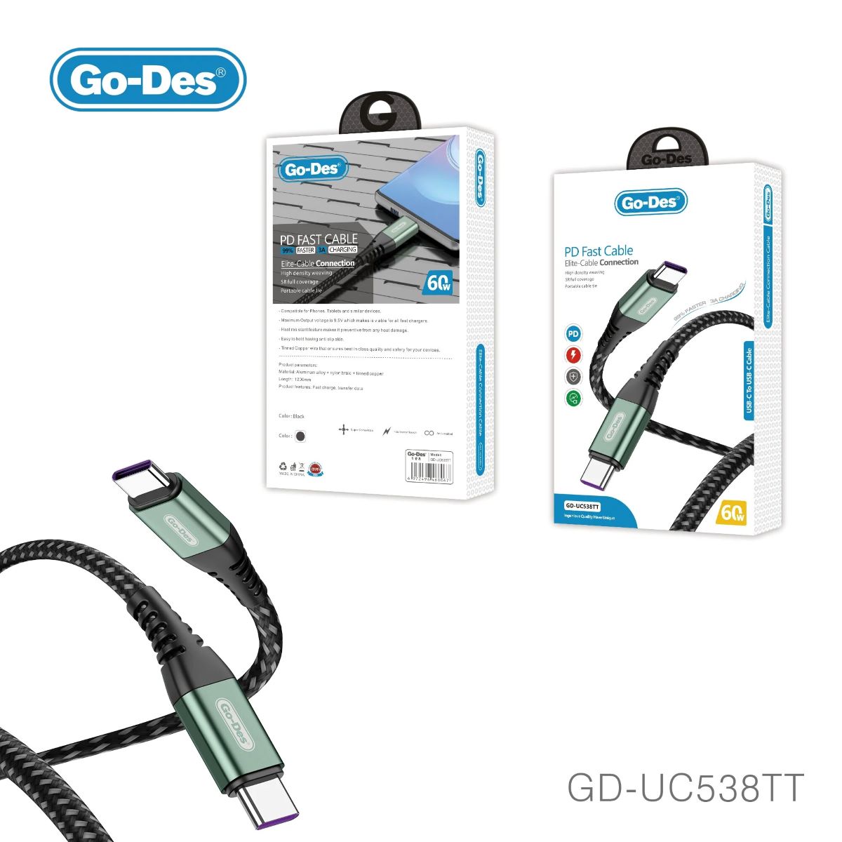 Go-Des UC538TT Type-C to Type-C Fast Cable 60W 1.2M