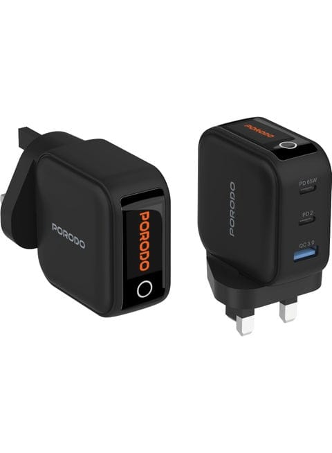 Porodo Nexora 65W 3-Port Wall Charger with LCD Display