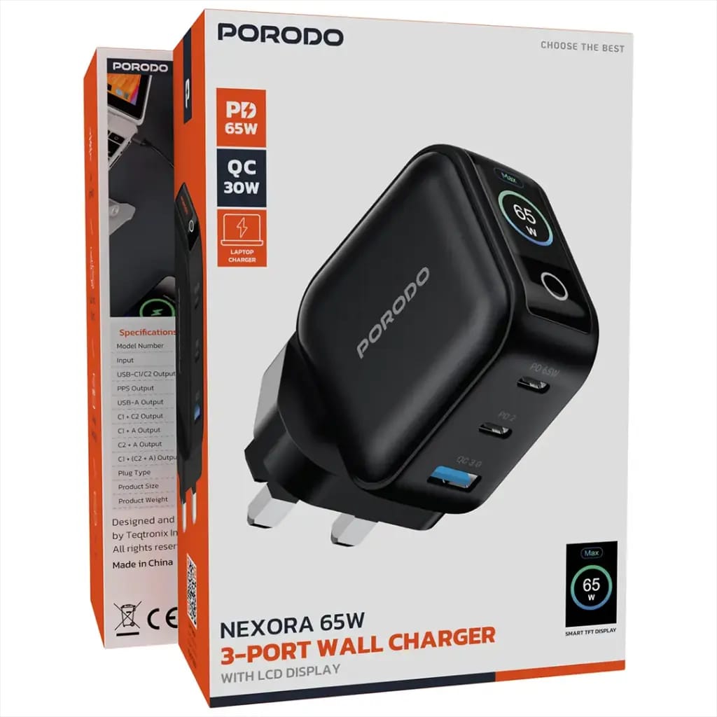 Porodo Nexora 65W 3-Port Wall Charger with LCD Display