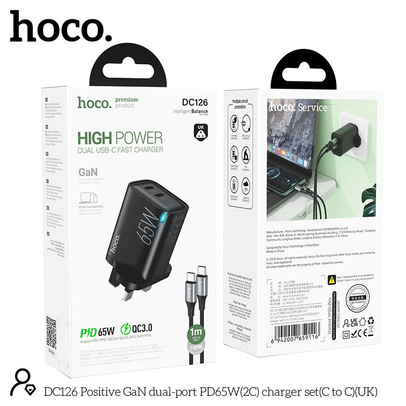 Hoco DC126 Positive 65W GaN Dual-Port Charger Set with Type C-to-C Cable