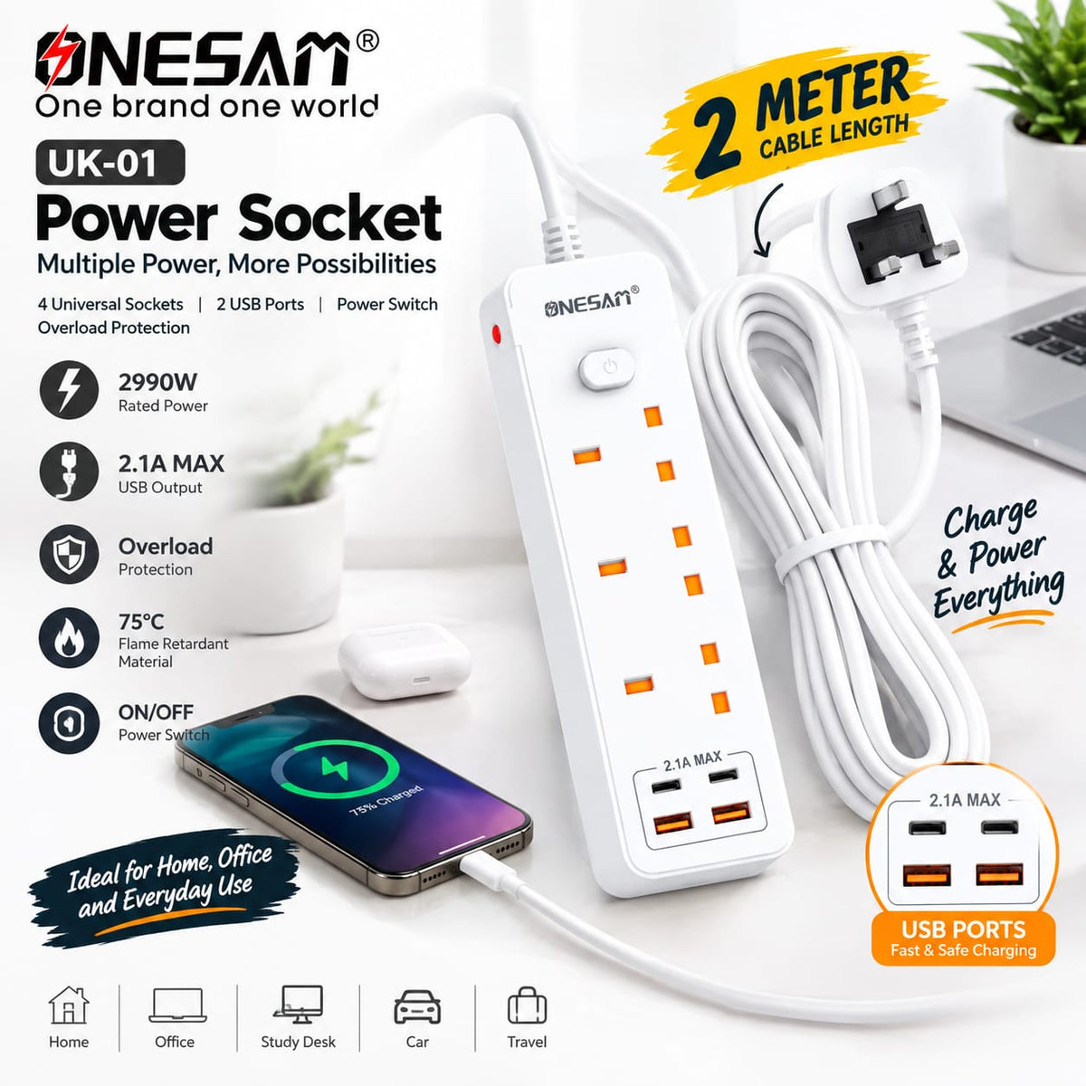 ONESAM 2990W Power Strip Extension Board – 2 Meter Cable UK01