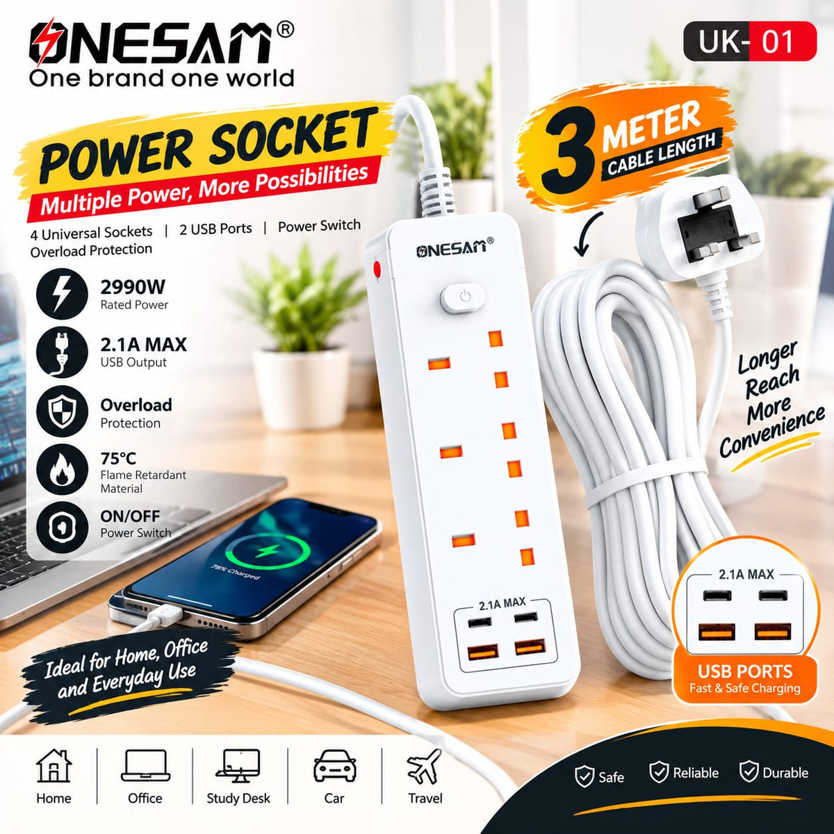 ONESAM 2990W Power Strip Extension Board – 3 Meter Cable UK01