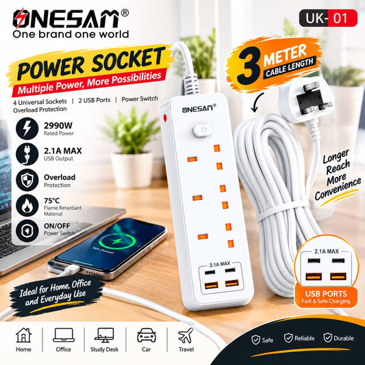 ONESAM 2990W Power Strip Extension Board – 3 Meter Cable UK01
