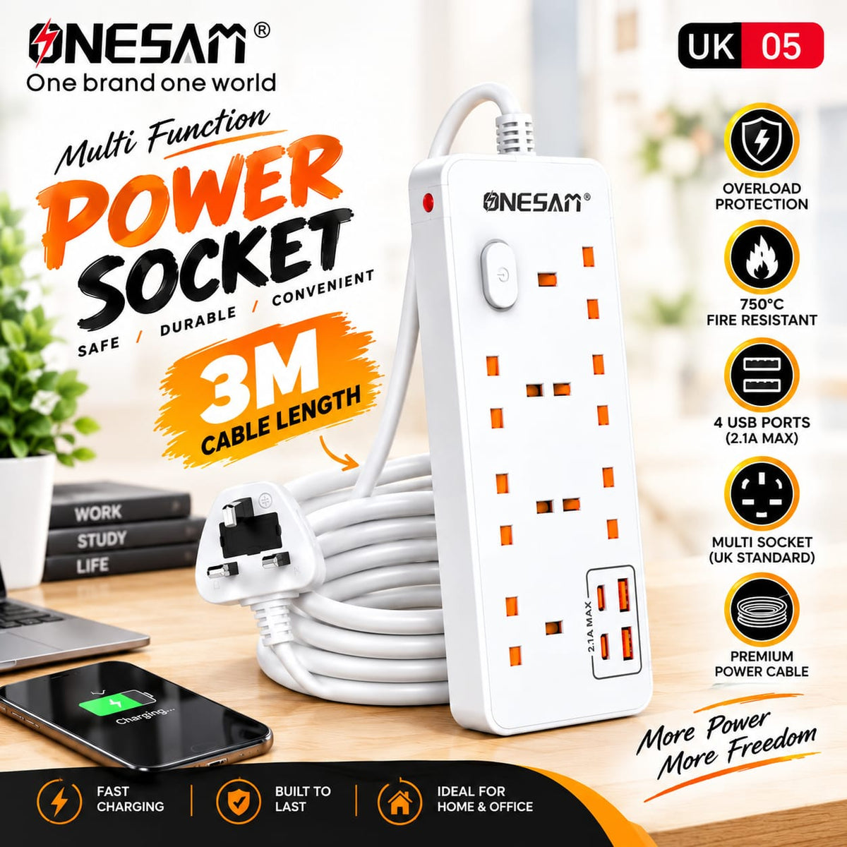 ONESAM 2990W Power Strip Extension Board – 3 Meter Cable UK05