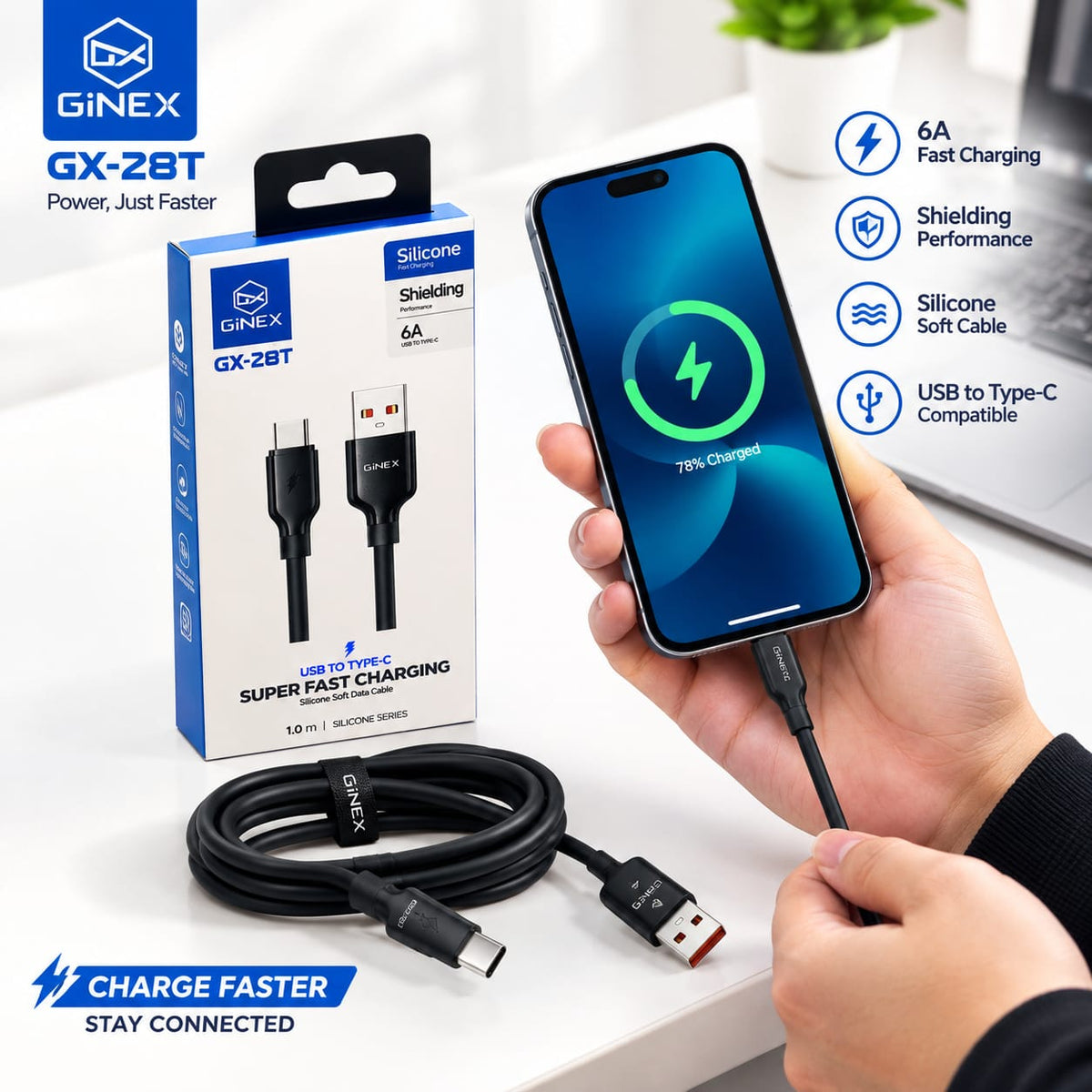 GiNEX USB to Type-C 6A Super Fast Charging Cable GX-28T