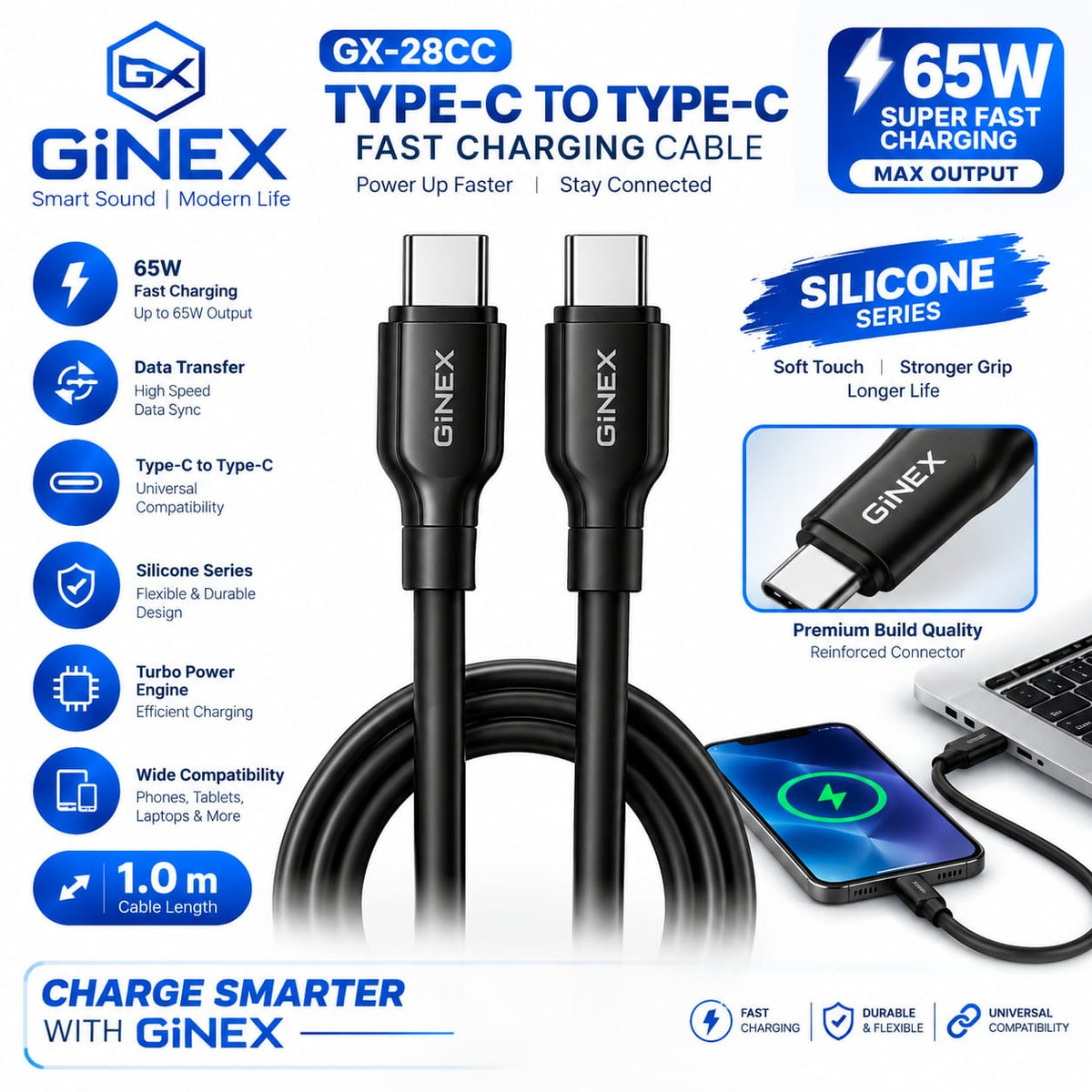 GiNEX 65W Type-C to Type-C Fast Charging Cable GX-28CC