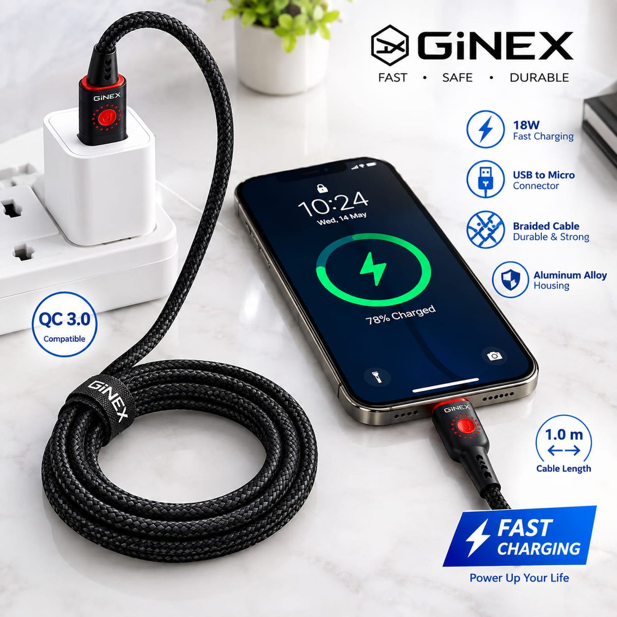 GiNEX USB to Micro USB Cable 18W Fast Charging GX-24M