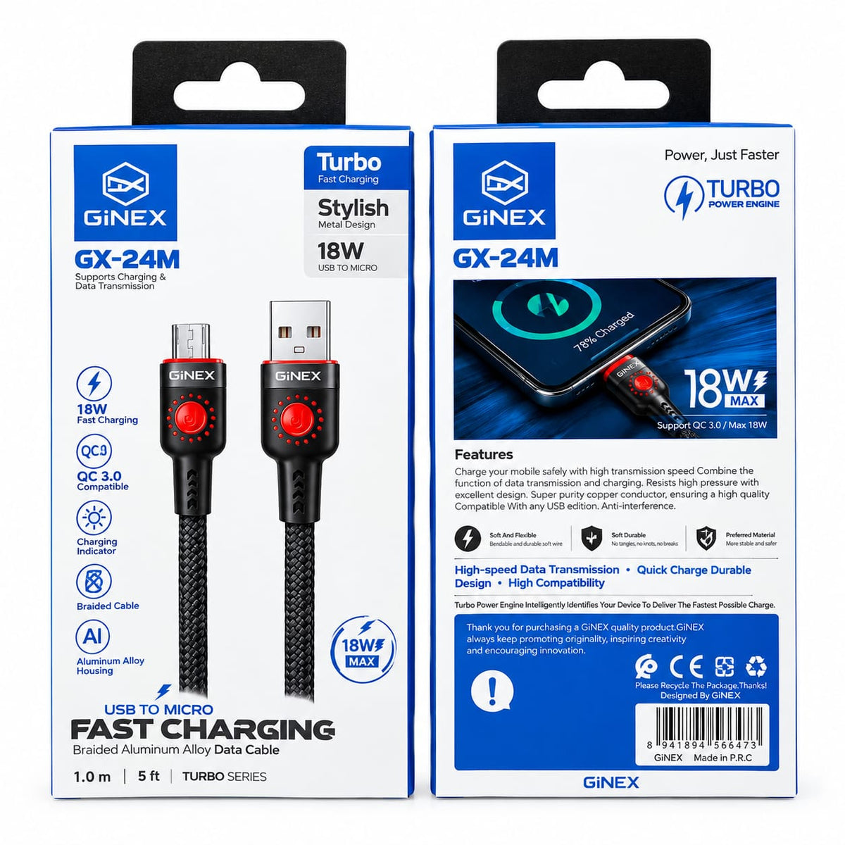 GiNEX USB to Micro USB Cable 18W Fast Charging GX-24M
