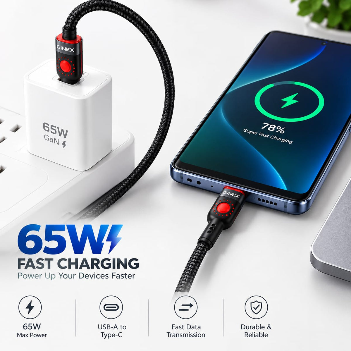 GiNEX 65W USB to Type-C Fast Charging Cable GX-24T