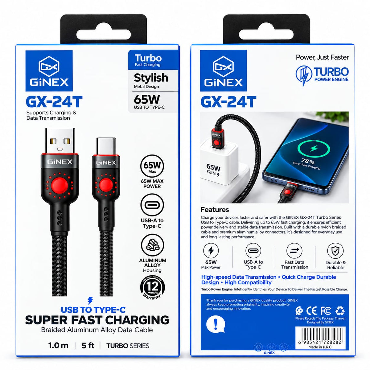 GiNEX 65W USB to Type-C Fast Charging Cable GX-24T
