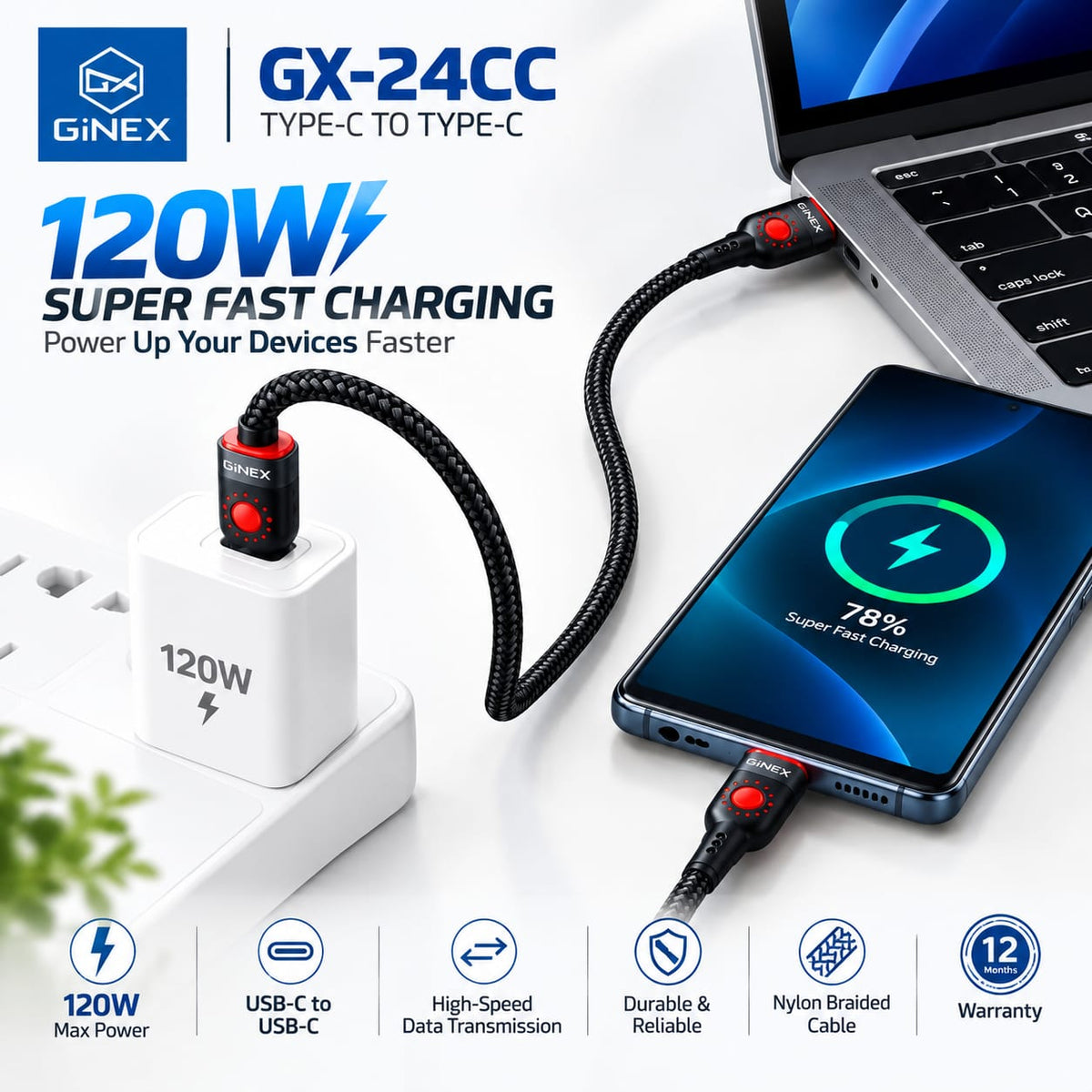 GiNEX 120W Type-C to Type-C Super Fast Charging Cable GX-24CC