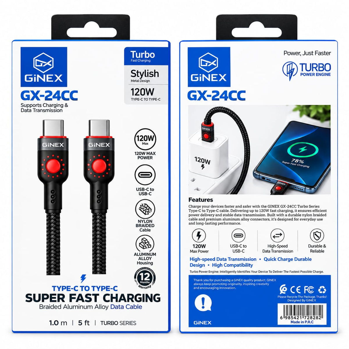 GiNEX 120W Type-C to Type-C Super Fast Charging Cable GX-24CC