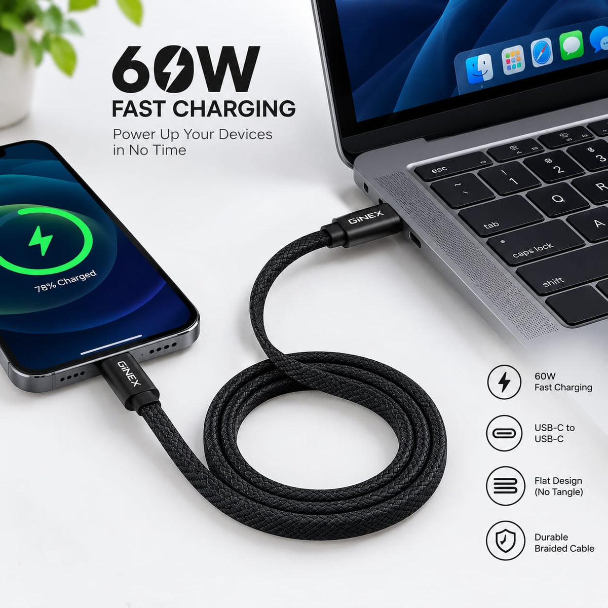 GiNEX Type-C to Type-C 60W Fast Charging Cable GX-27CC