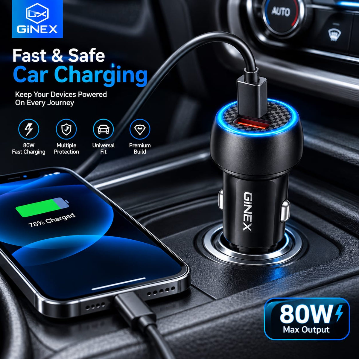 GiNEX 80W Car Charger GX-32