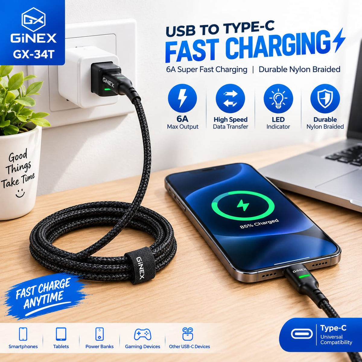 GiNEX USB to Type-C Super Fast Charging Cable GX-34T