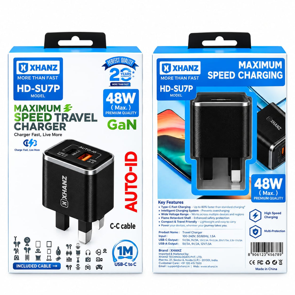 X-HANZ 48W GaN Fast Charger with USB-C to USB-C Cable SU7P