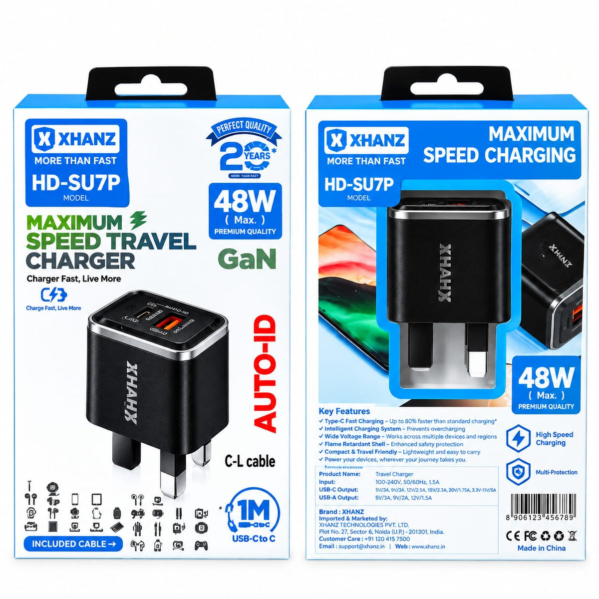 X-HANZ 48W GaN Fast Charger with USB-C to Lightning Cable SU7P